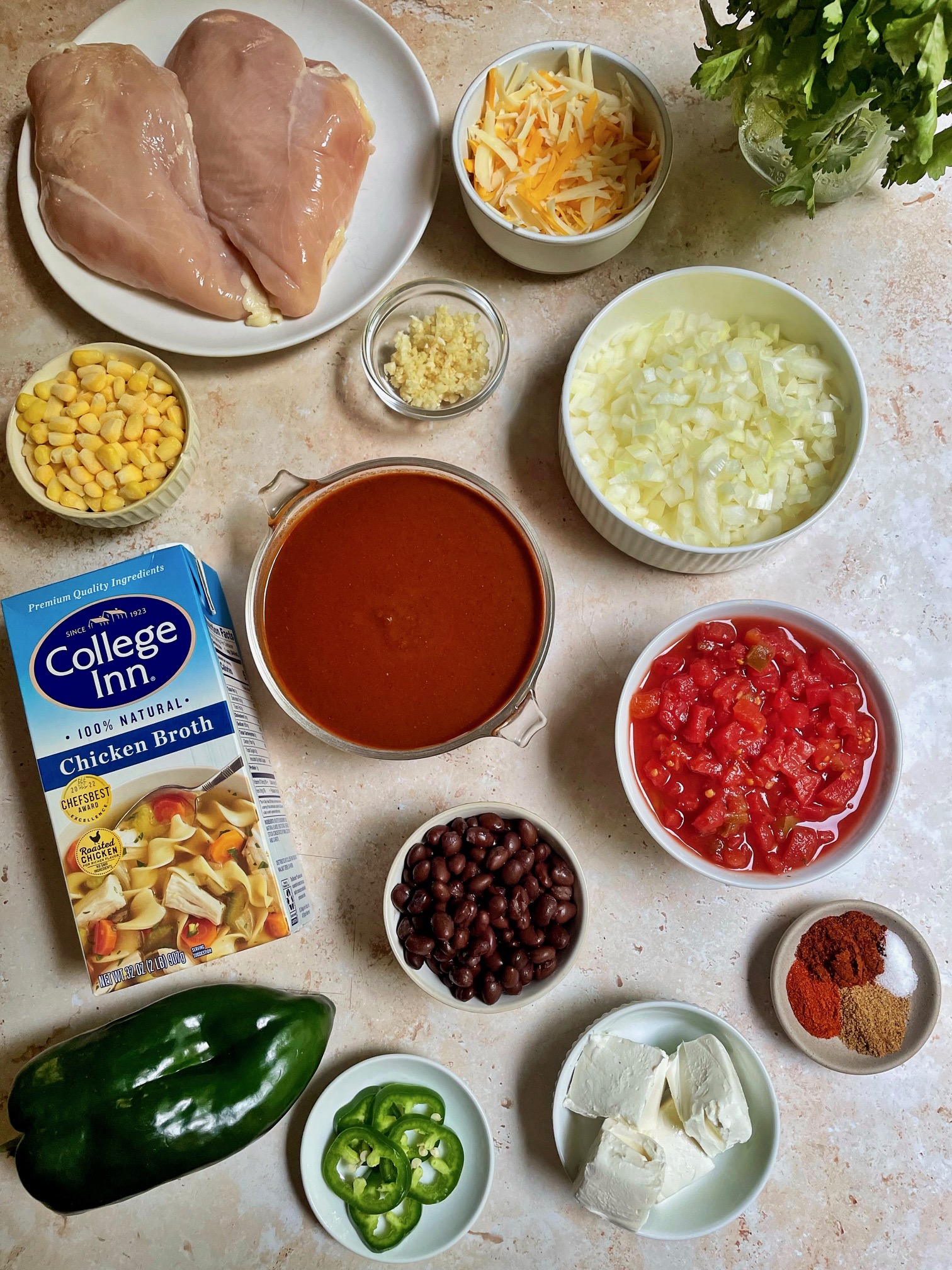 Chicken enchilada soup ingredients.