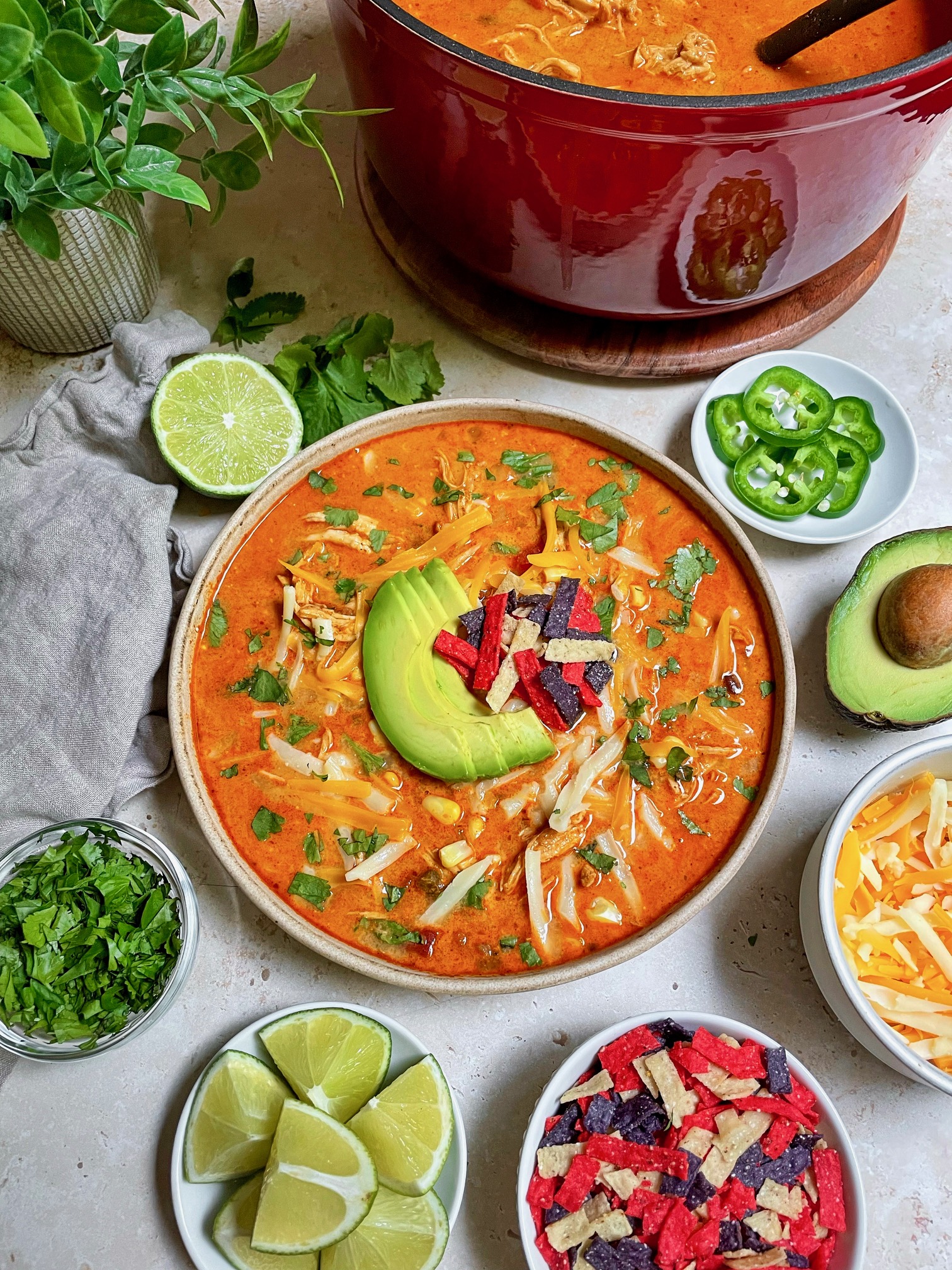 Chicken enchilada soup in a bowl with garnishes and the pot of soup behind it.