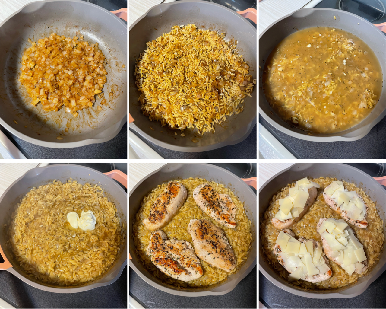 the process of caramelizing the onions, cooking the orzo, adding the chicken and cheese.