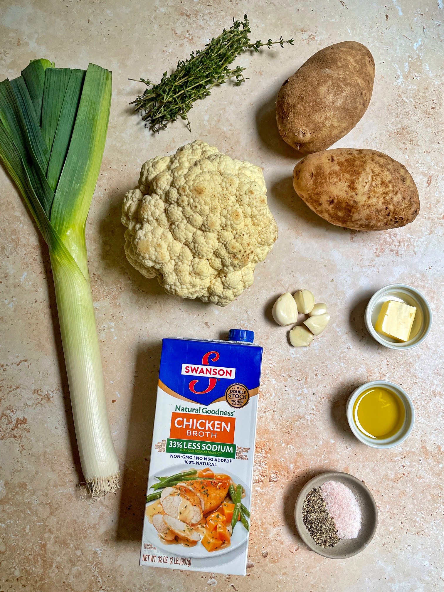 Leek, potato and cauliflower soup ingredients.