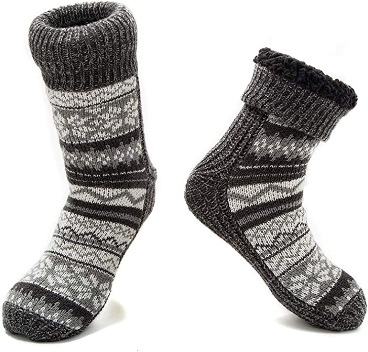 Gray and white fuzzy socks.