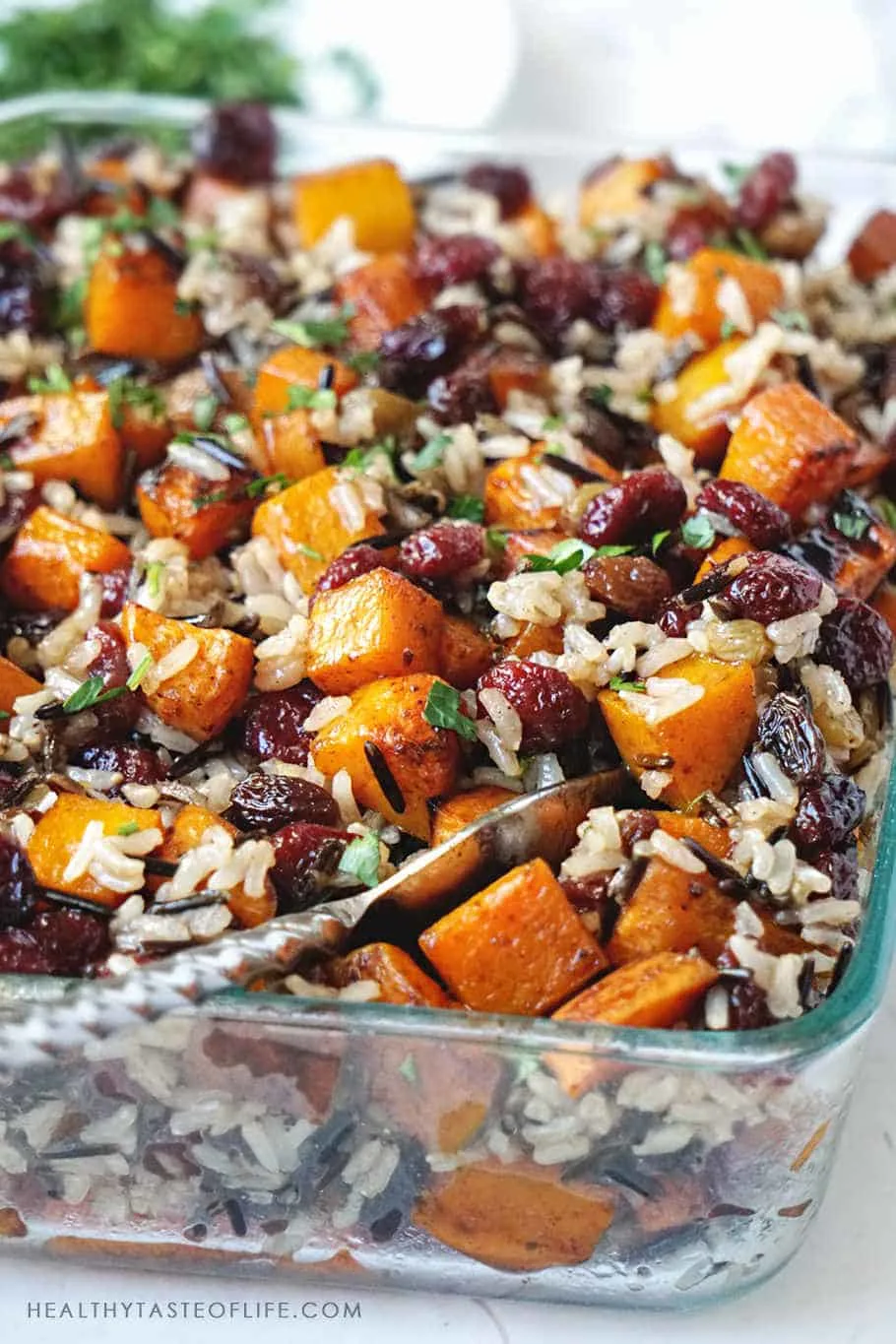 a baking dish of butternut squash casserole.