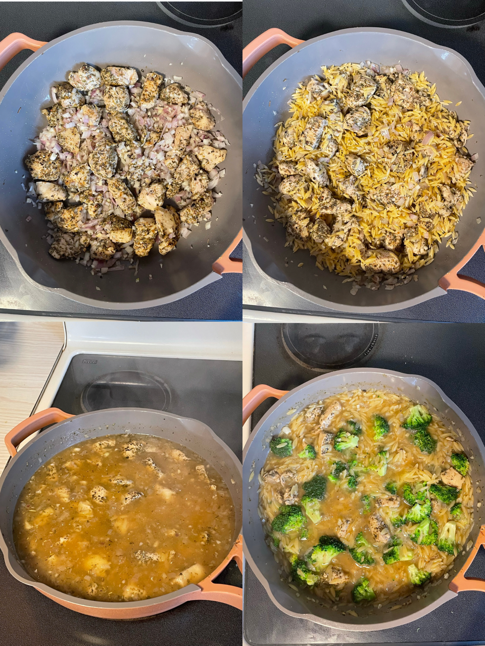 The steps for making broccoli cheddar chicken orzo.