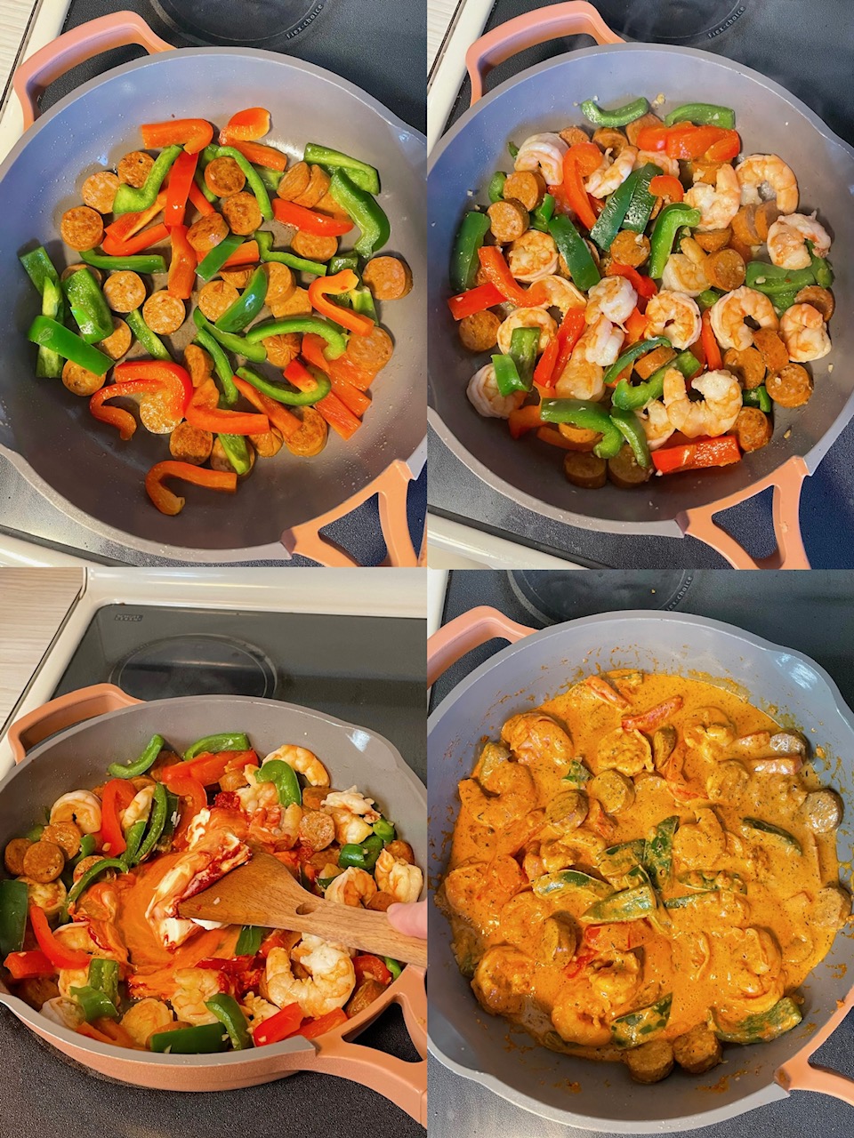 Four photos depicting the process of sauteeing the peppers and sausage, adding the shrimp, adding the tomato paste and cream cheese and lastly the milk to create the sauce.