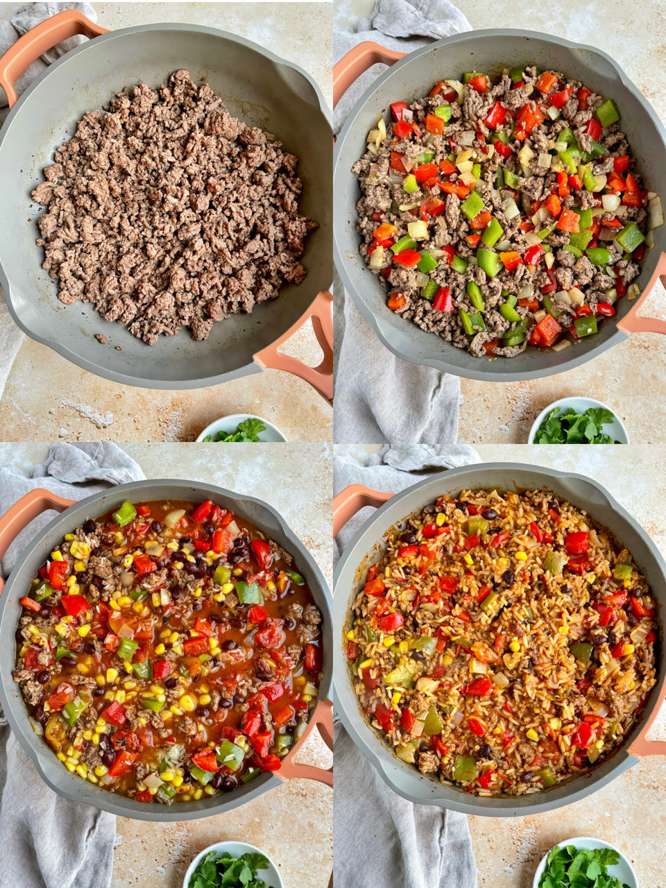 The process of browning the beef, sauteing the peppers and onions, adding remaining ingredients and completed skillet before the cheese is added.