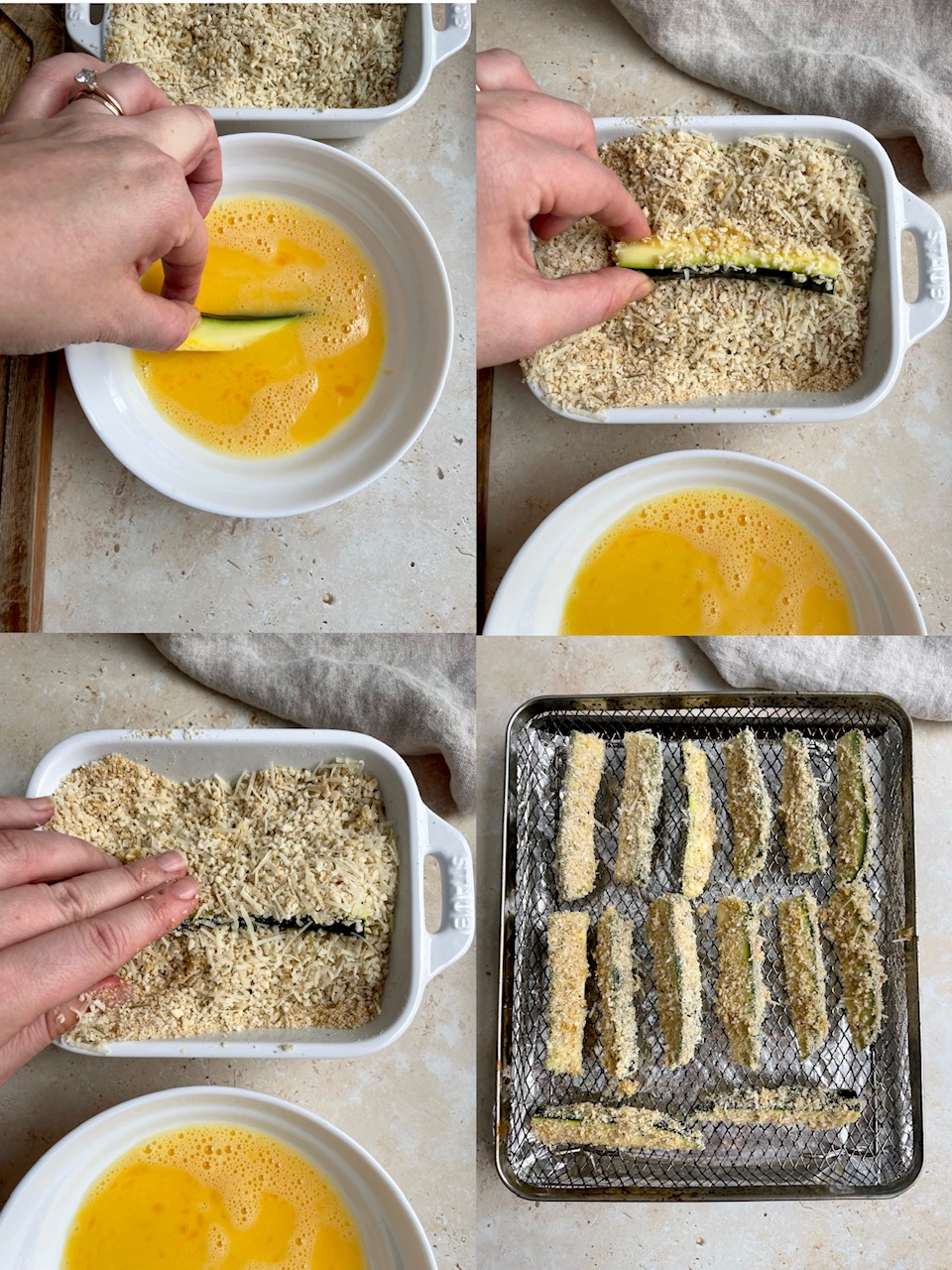 the process of dipping the zucchini fries in egg wash, coating in breadcrumbs and placing on air fryer basket.