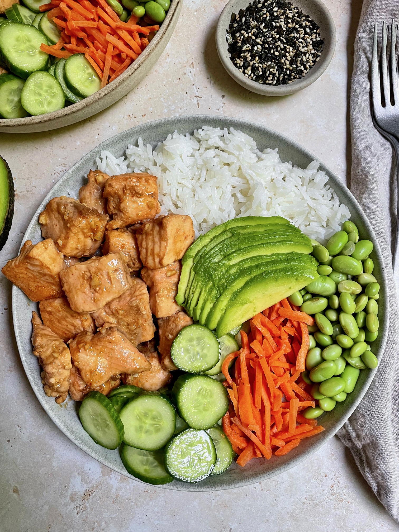 Asian salmon rice bowl before all the garnishes.