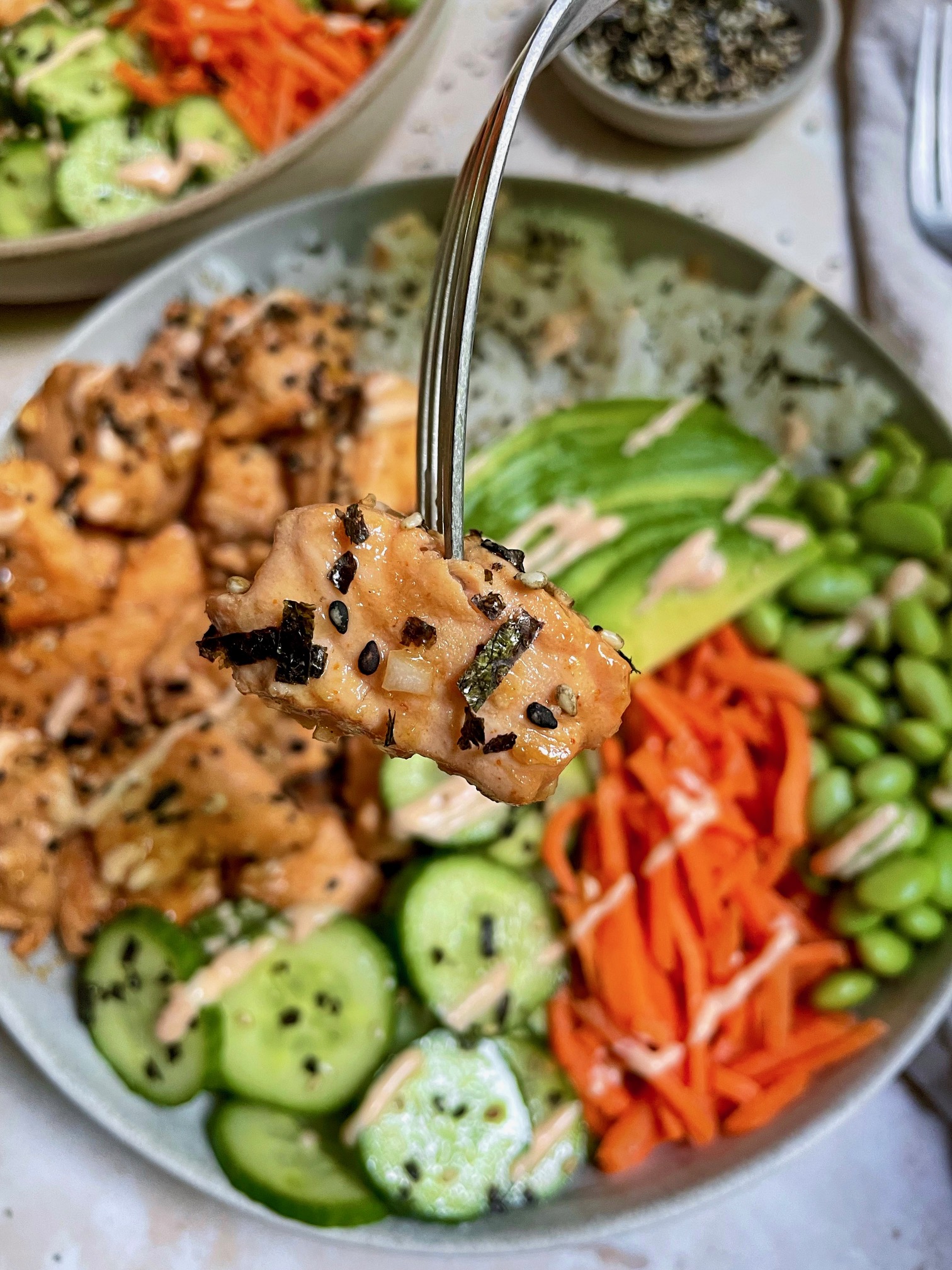 A close up of a piece of air fried marinated salmon with the salmon rice bowl in the background.