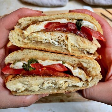 Hands holding a chicken caprese panini.