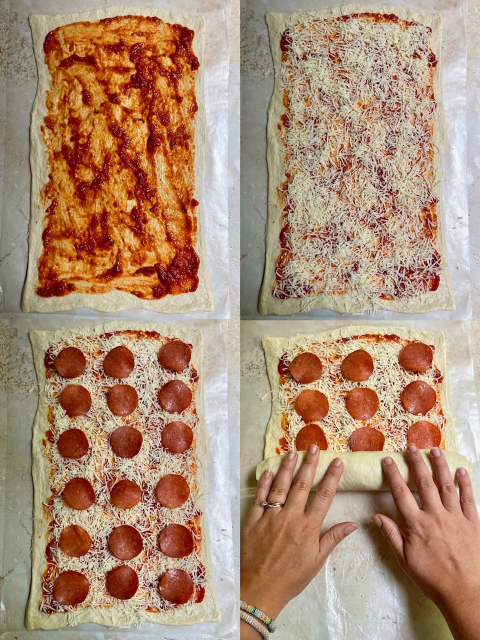 The steps of building the pizza rolls and rolling them up.