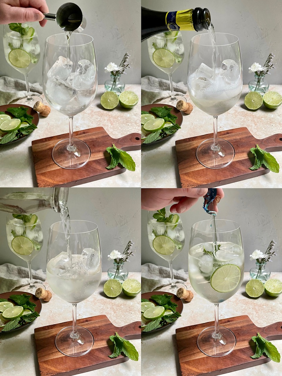 a collage of four photos of making the hugo spritz recipe.