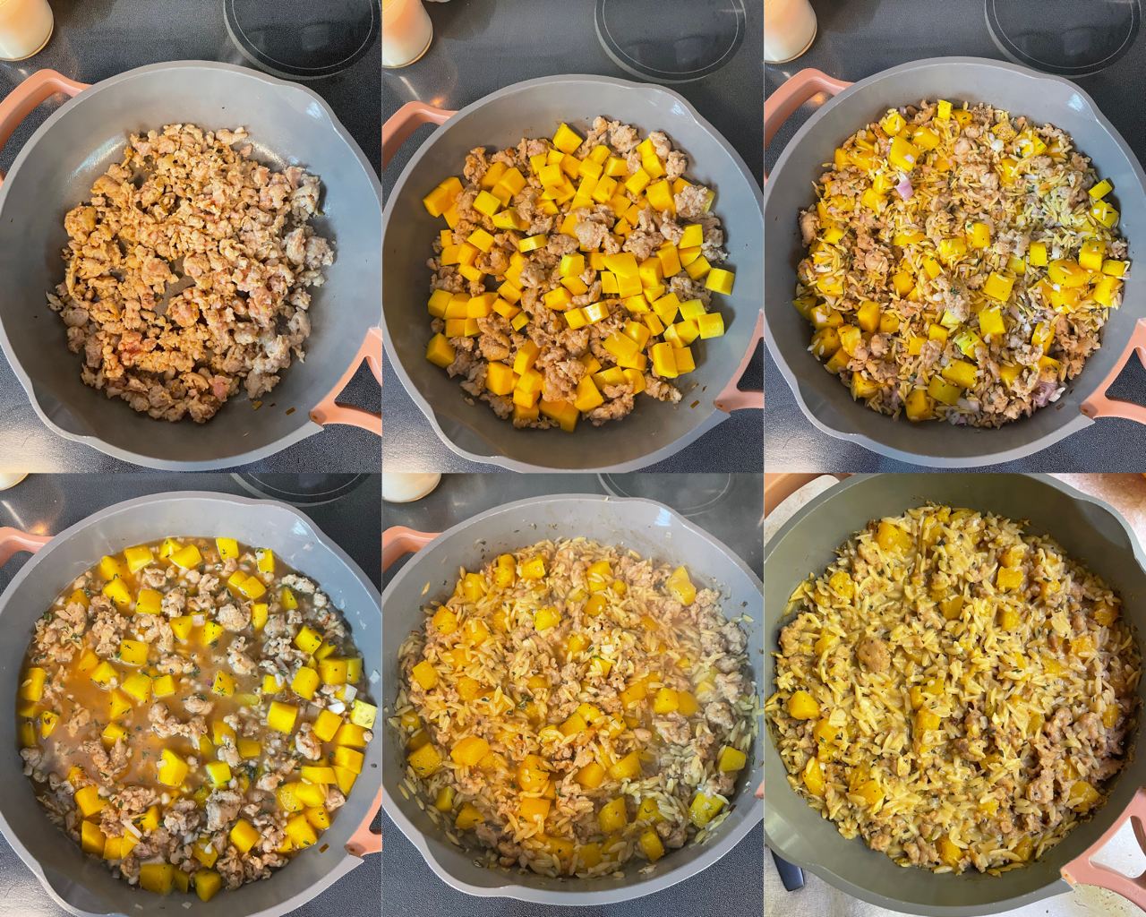 the steps for making the butternut squash sausage orzo all in one pan on the stove.