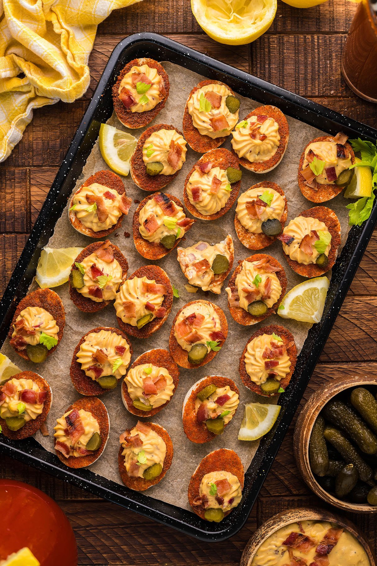 A tray of Bloody Mary Deviled eggs.