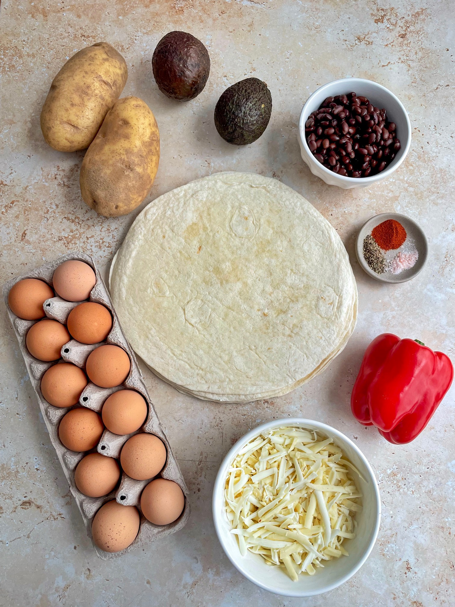 The breakfast burrito ingredients.