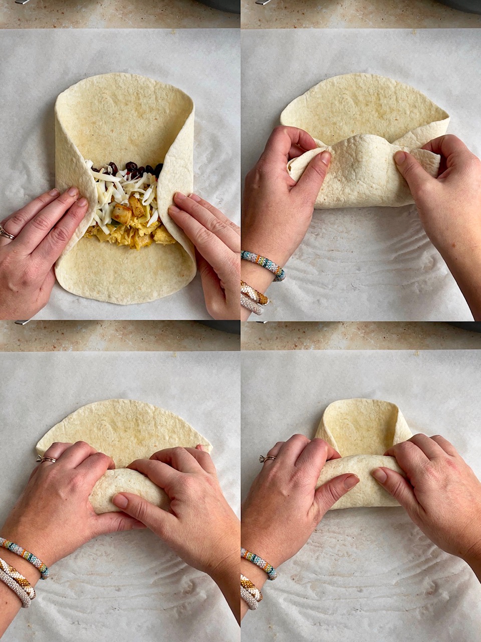 Four photos showing the process of rolling up a breakfast burrito.