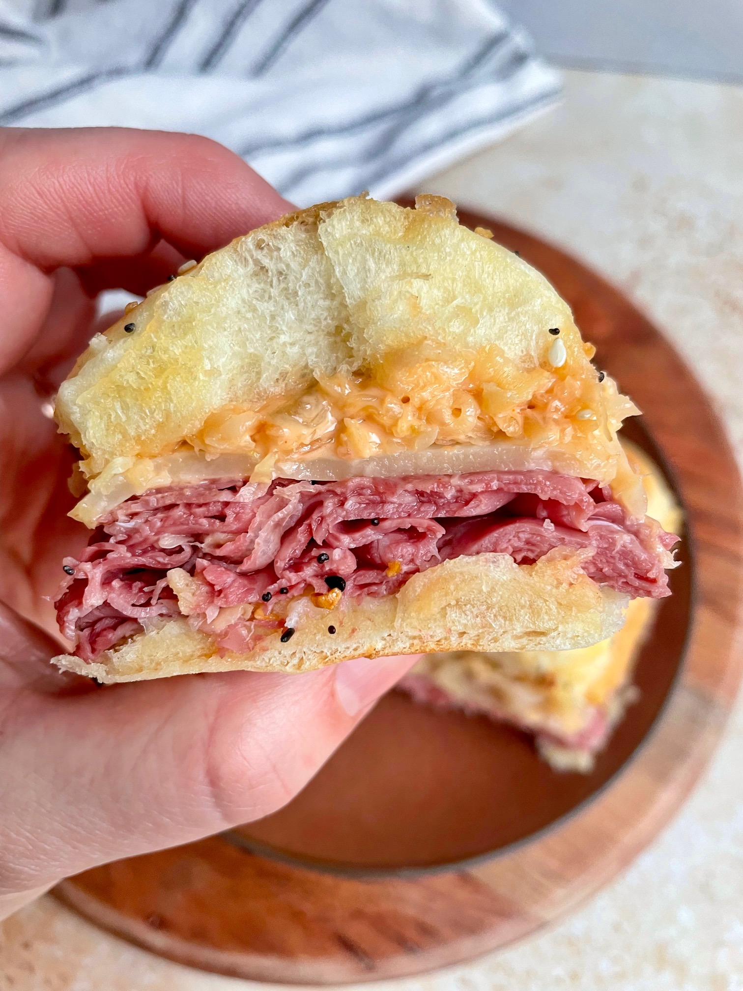 The cross section of one reuben slider.