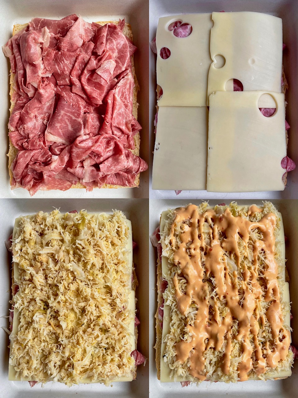 A collage of 4 process shots of building the reuben sliders.