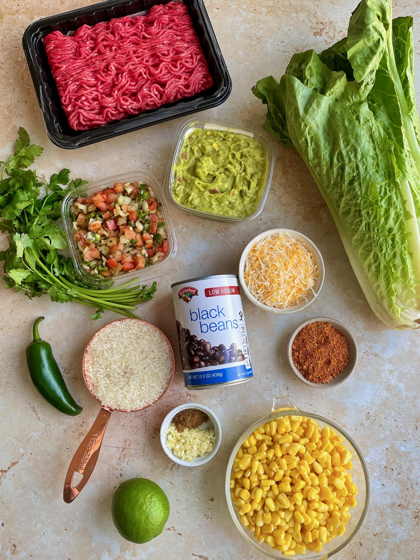 The ground beef burrito bowl recipe ingredients.