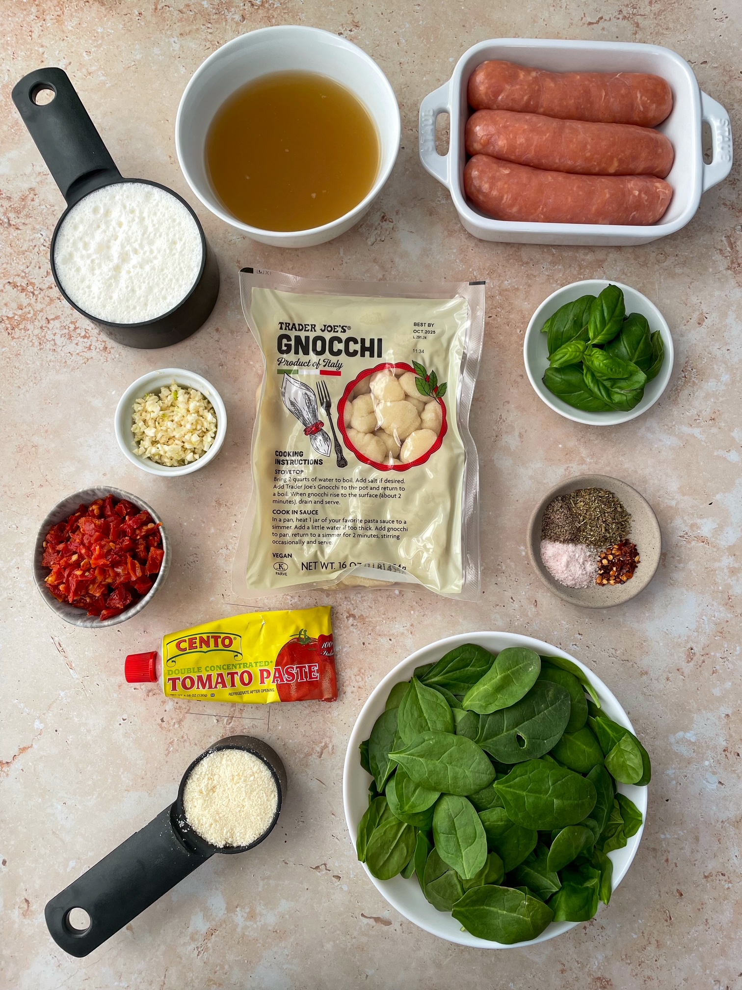 The ingredients to make marry me sausage and gnocchi.