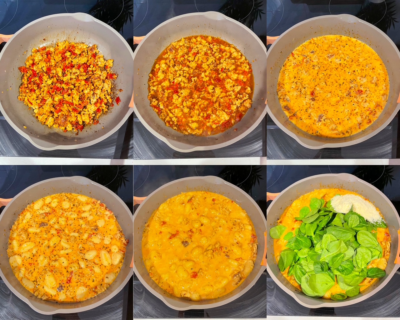 A collage of six photos showing the process of making the recipe. 1. Browning the sausage and herbs 2. Adding the broth. 3. Adding the half and half 4. Adding the gnocchi. 5. After the gnocchi cooked in the sauce. 6. Added the spinach and parmesan cheese.