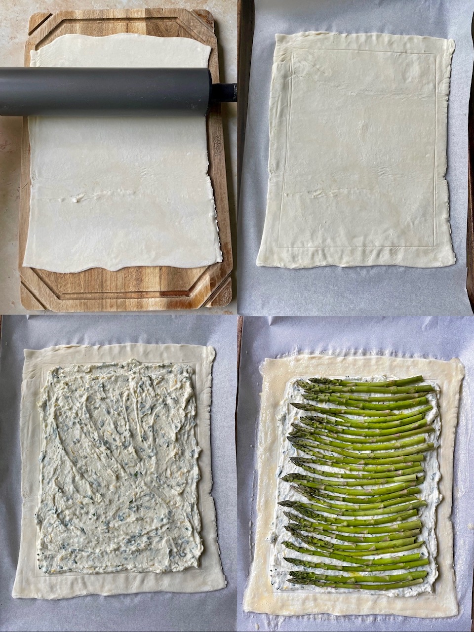The steps of rolling out the dough, scoring a boarder around the edge, adding the ricotta mixture and topping with asparagus. 