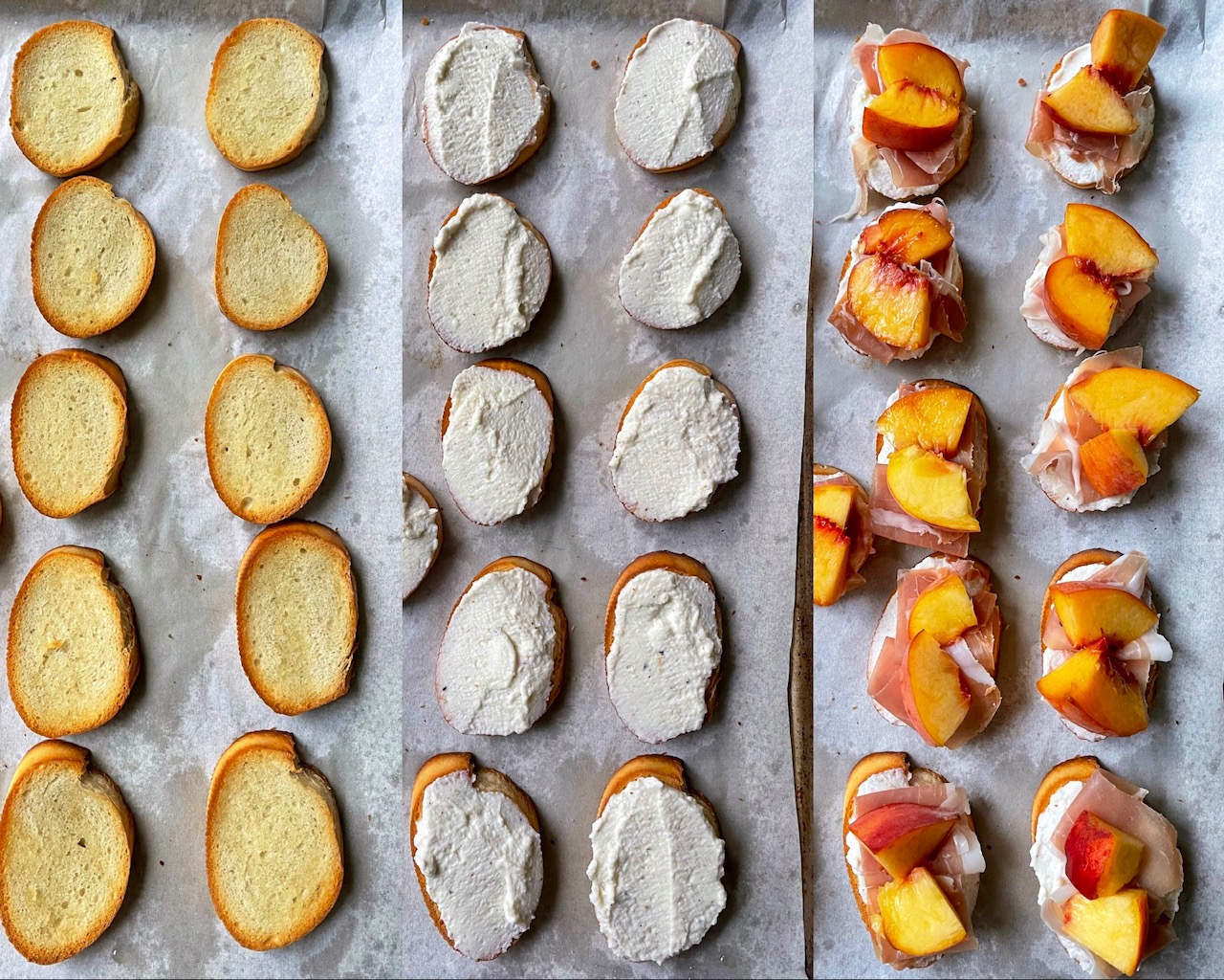 A collage of three photos to show the process of toasting the baguette, adding the ricotta and topping with prosciutto and peaches.