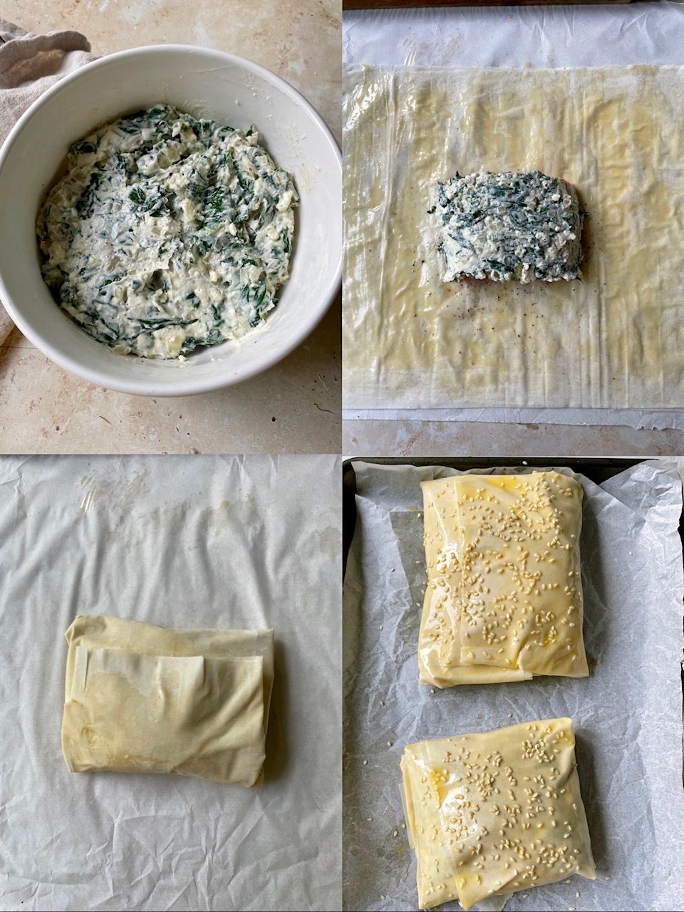 A collage of four photos 1. the filling in a mixing bowl. 2. The salmon topped with the spinach feta filling atop buttered phyllo sheets. 3. The wrapped salmon 4. The pockets on a prepared baking sheet brushed with butter and sprinkled with sesame seeds.