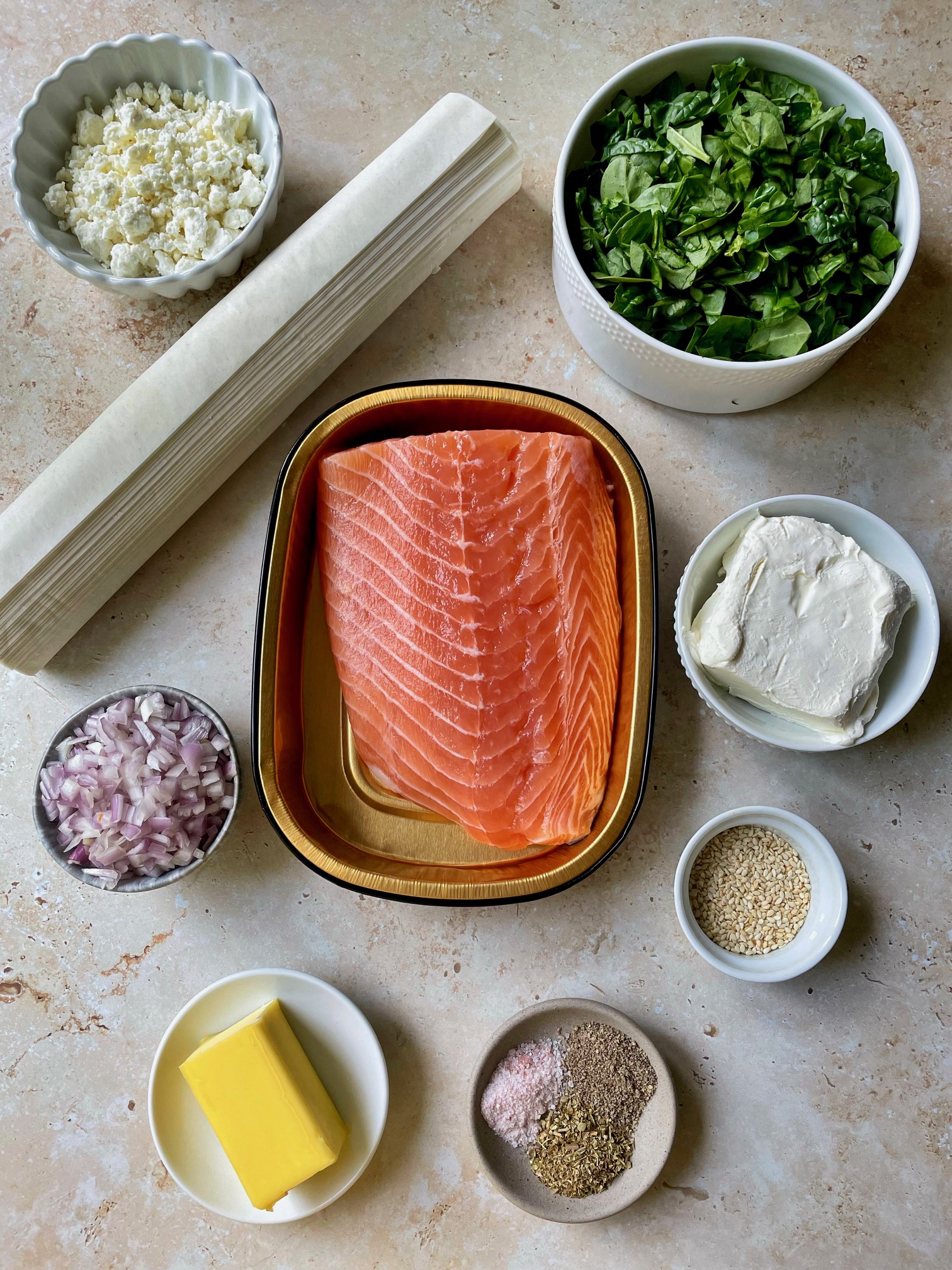 The ingredients needed to make spinach feta salmon in phyllo.