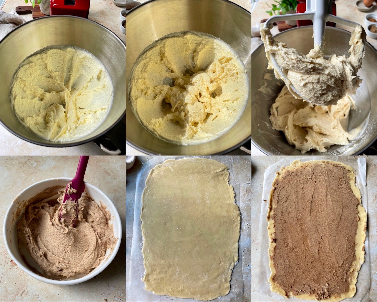 A collage of 6 photos to show the process. 1. is the whipped butter and sugar. 2. is the added egg and vanilla. 3. is the completed sugar cookie dough. 4. is the cinnamon sugar dough. 5. is the sugar cookie dough rolled out and 6. is the cinnamon sugar dough spread over top the sugar cookie dough before rolling.