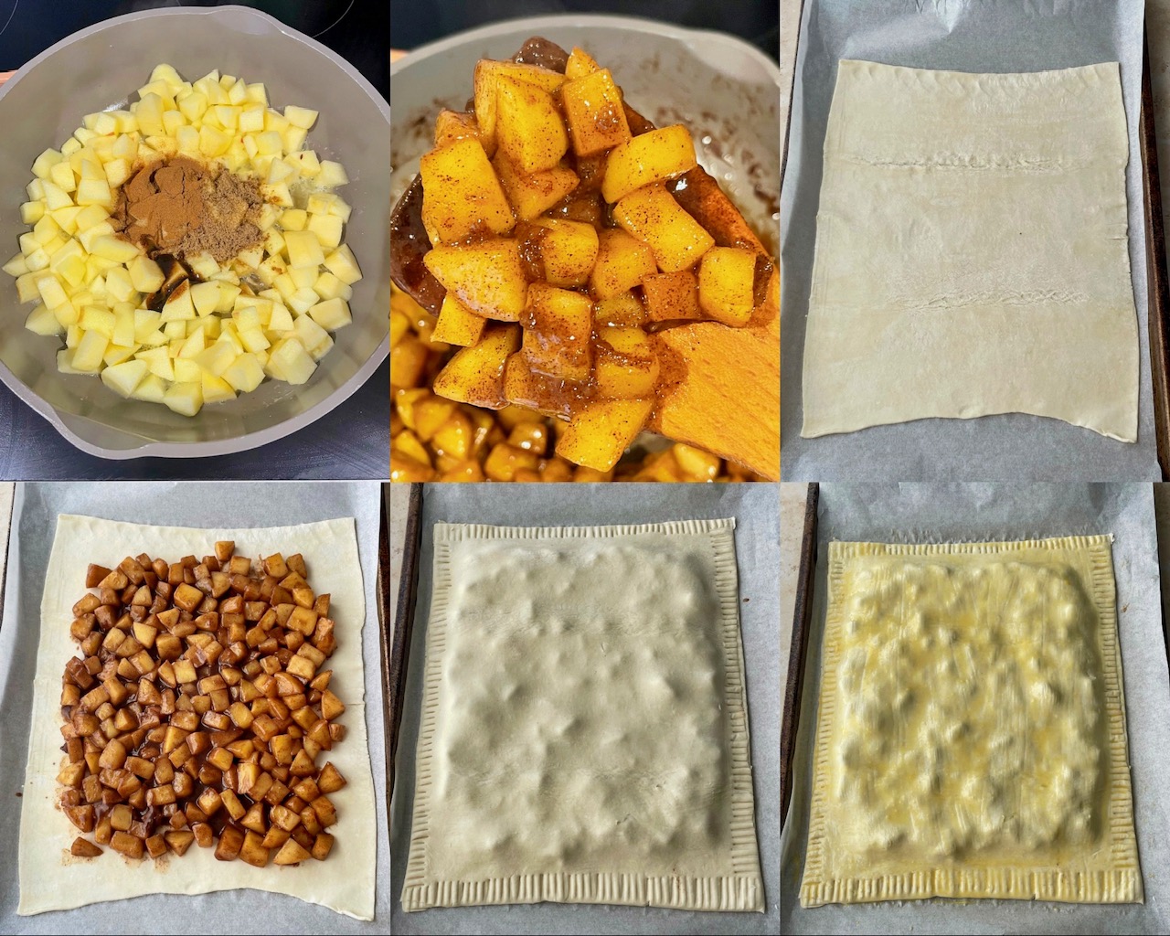 A collage of six photos to show the process 1. uncooked apples, butter, cinnamon, brown sugar and vanilla in a skillet. 2. The cooked apples coated in cinnamon sugar. 3. The rolled out bottom layer of puff pastry. 4. The apple filling on top of the puff pastry sheet. 5. The top layer of puff pastry added with the edges crimped. 6. The pastry brushed with egg wash.