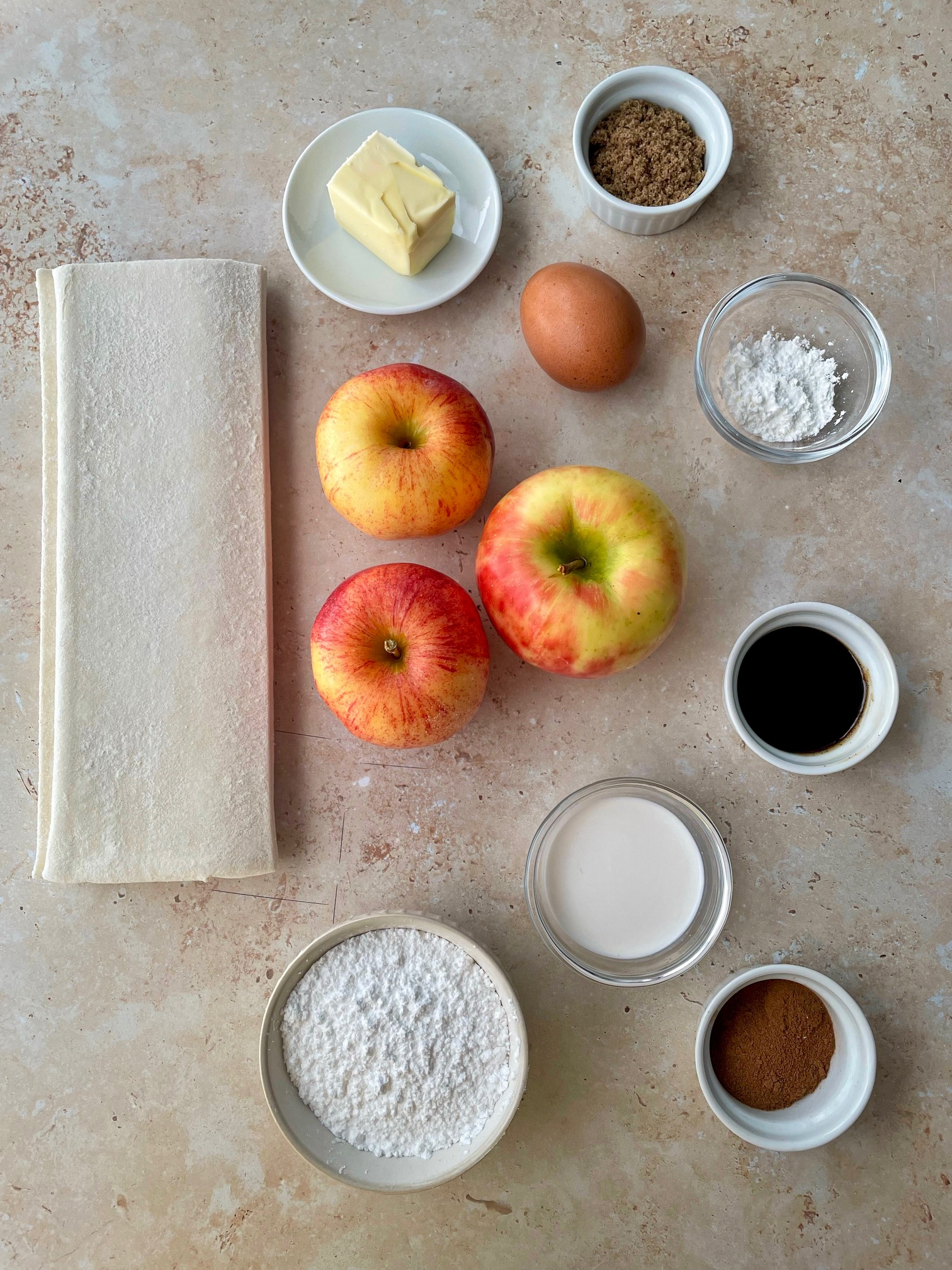 The ingredients to make giant apple cinnamon strudel.