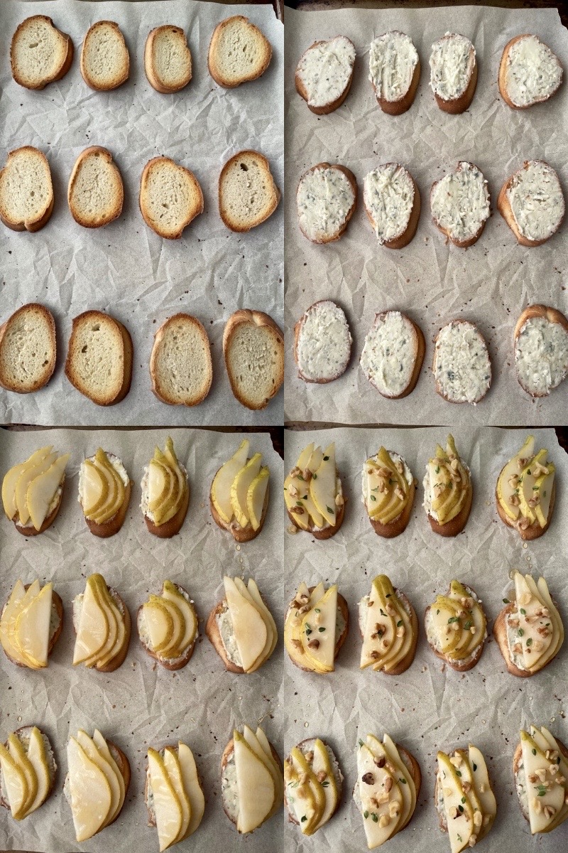 A collage of four process photos for assembling the crostini.