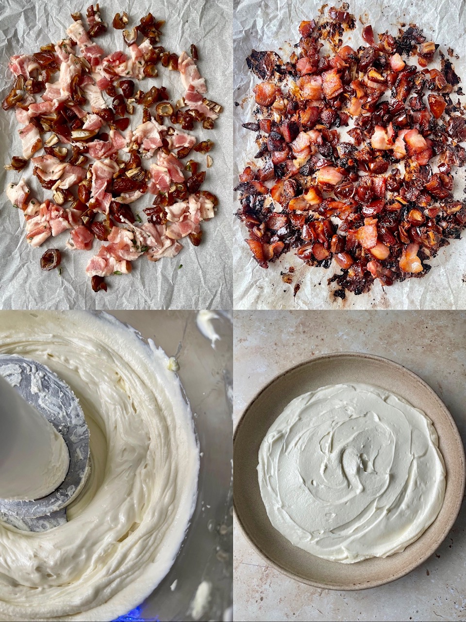 A collage of four photos showing the bacon date mixture before baking and after baking, whipping the cheeses in a food processor and the cheese base spread into an even layer in a bowl.