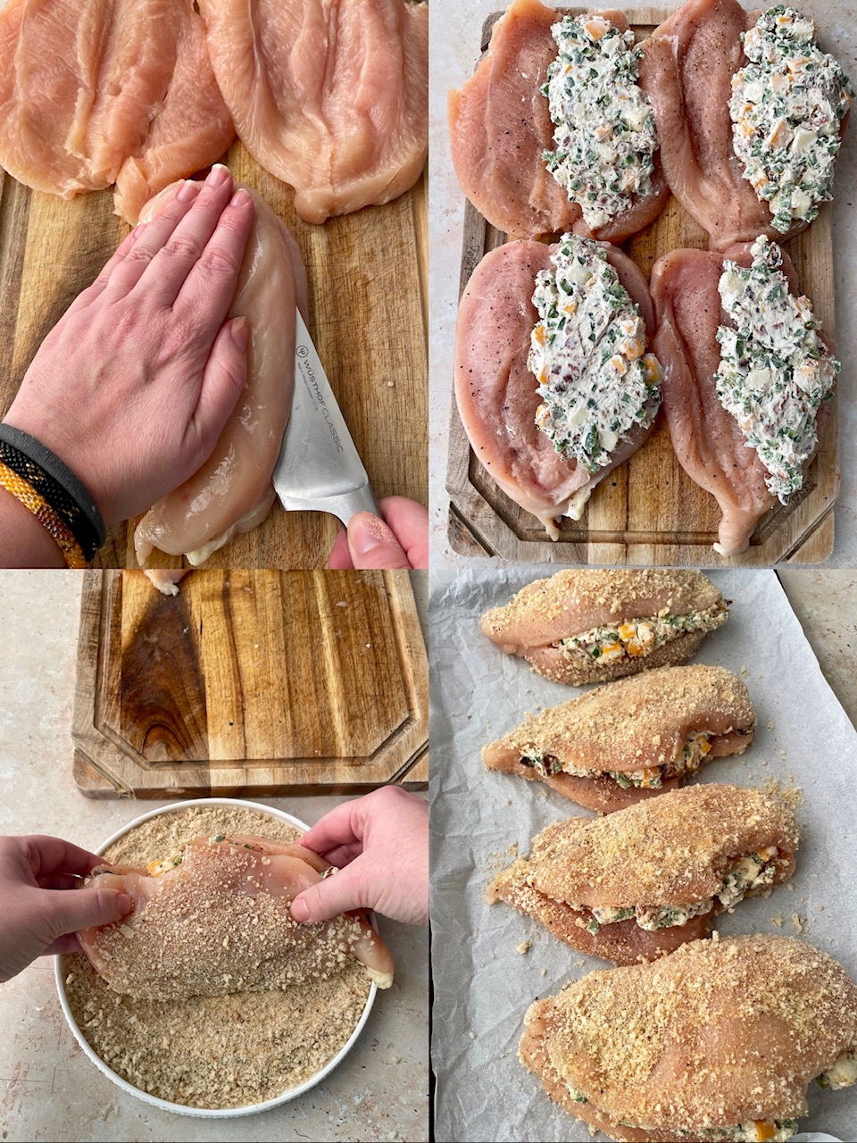 A collage of four photos depicting how to cut the chicken breast, add the filling, bread it and finally, on the baking sheet ready to go in the oven.