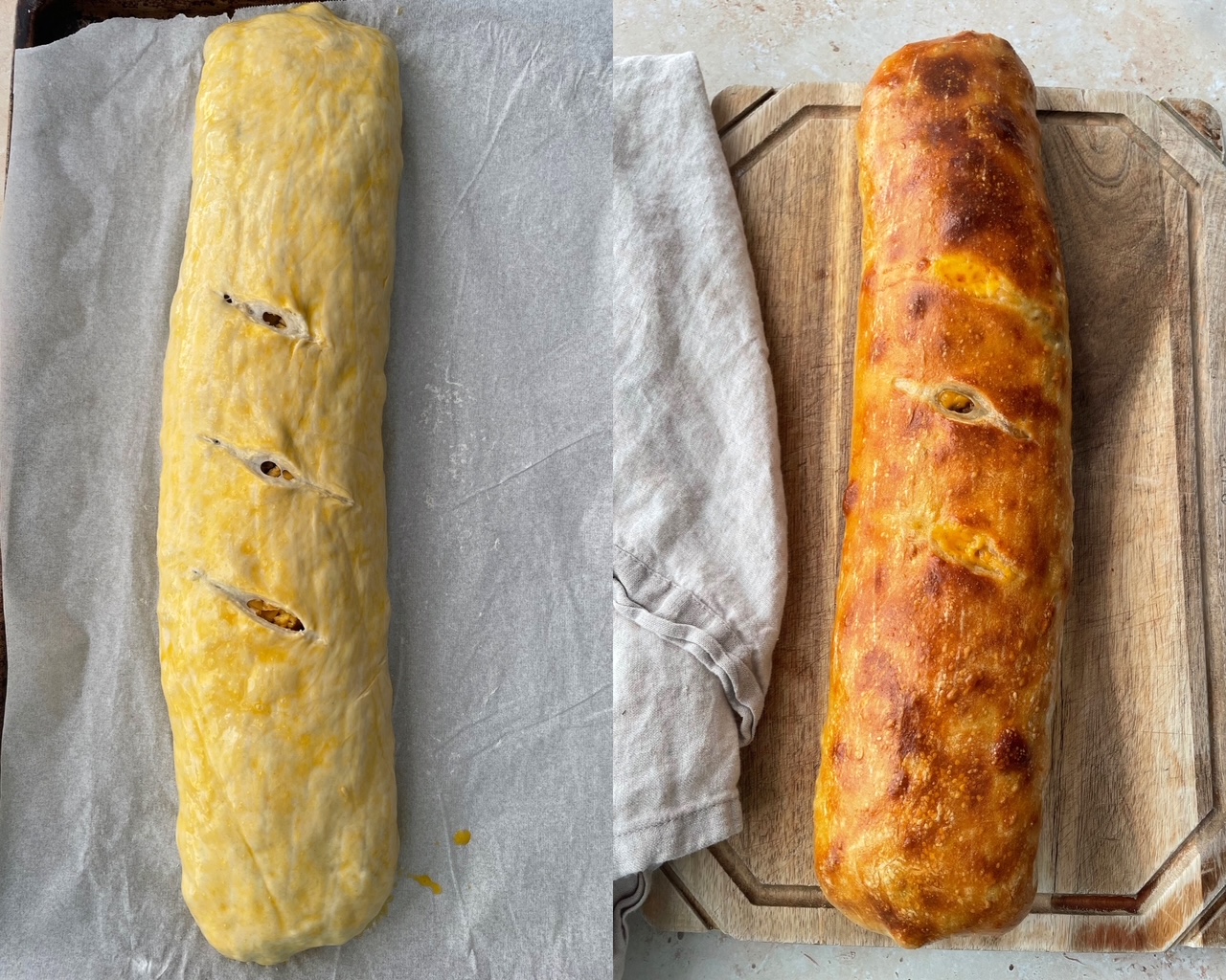The garbage bread before baking with egg wash and slits on top for ventilation and the garbage bread after baking.