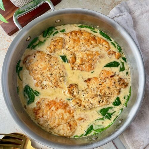 Overhead shot of Dijon chicken in the pan.