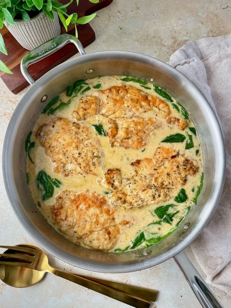 Overhead shot of Dijon chicken in the pan.