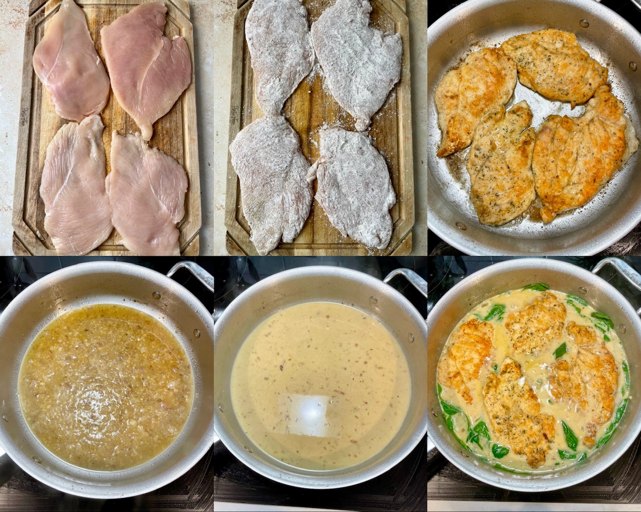 A collage of six photos showing the process. 1. Butterflied and pounded out chicken. 2. The chicken coated in flour mixture. 3. The chicken searing in the pan. 4. The aromatics and stock simmering in the pan. 5. Building the sauce. 6. The spinach and chicken back in the pan in the sauce.