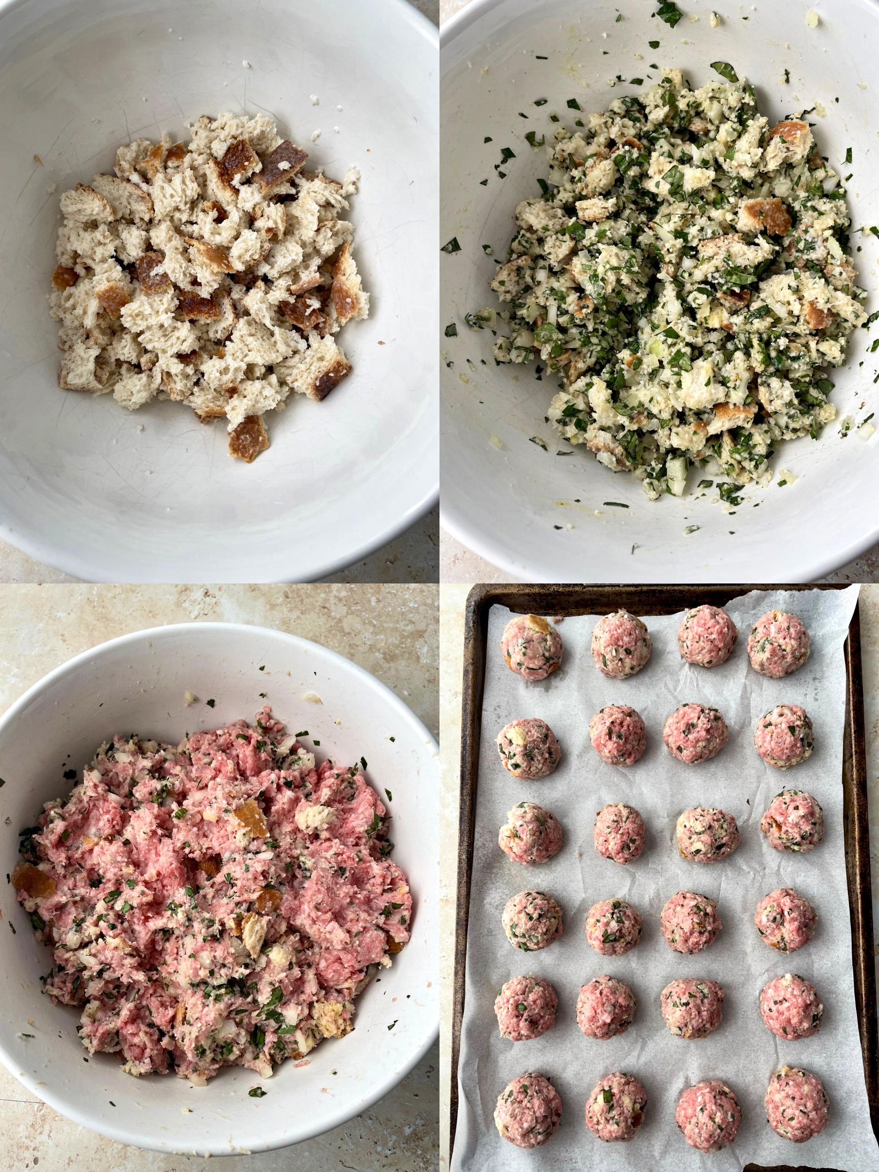 A collage of four photos showing the process of soaking the bread in milk, adding the egg, garlic, onion, parsley, basil, salt and pepper, mixing in the meatball mix and rolled into balls on a baking sheet.