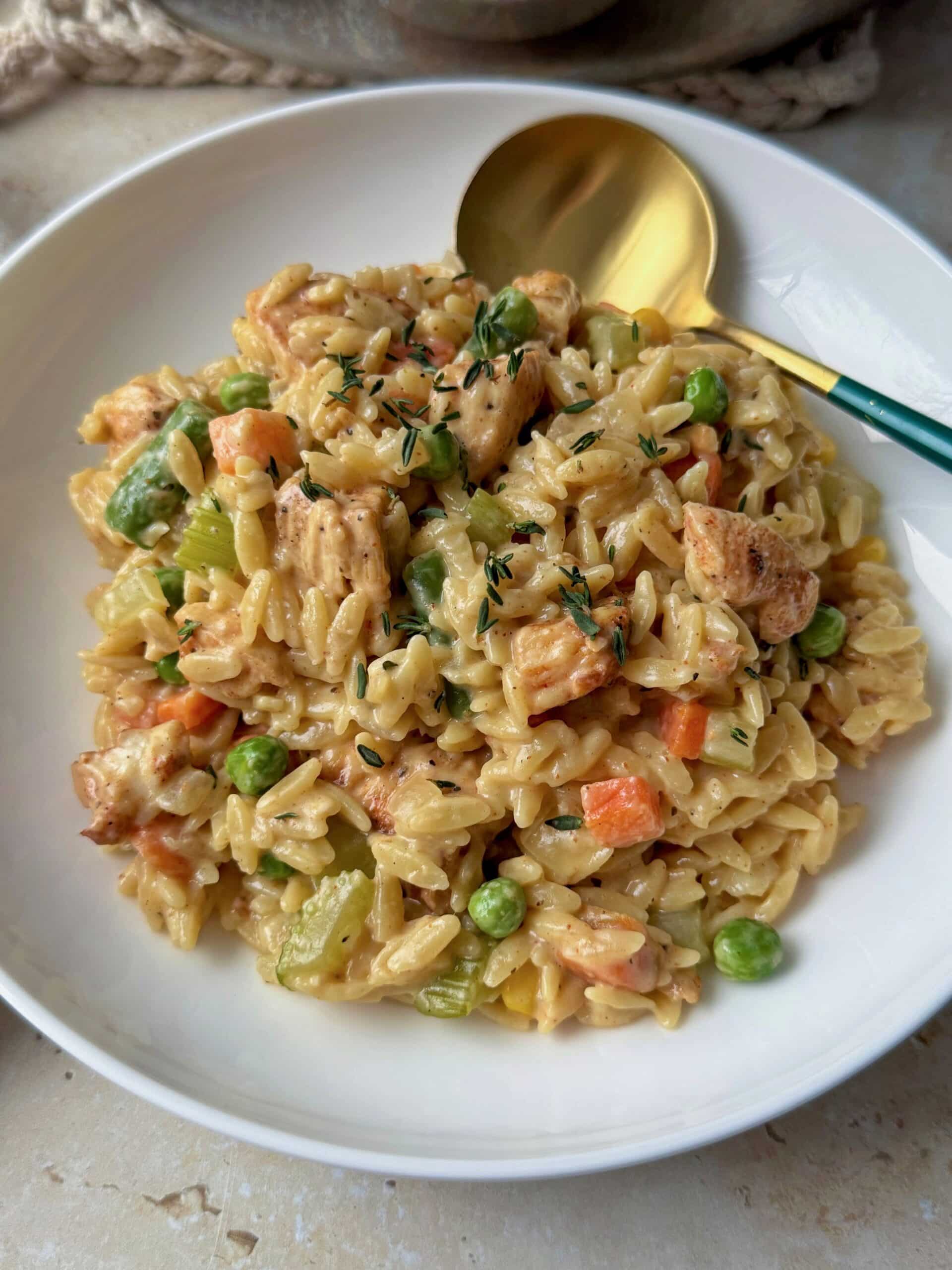 A close up photo of a serving of chicken pot pie orzo in a bowl.