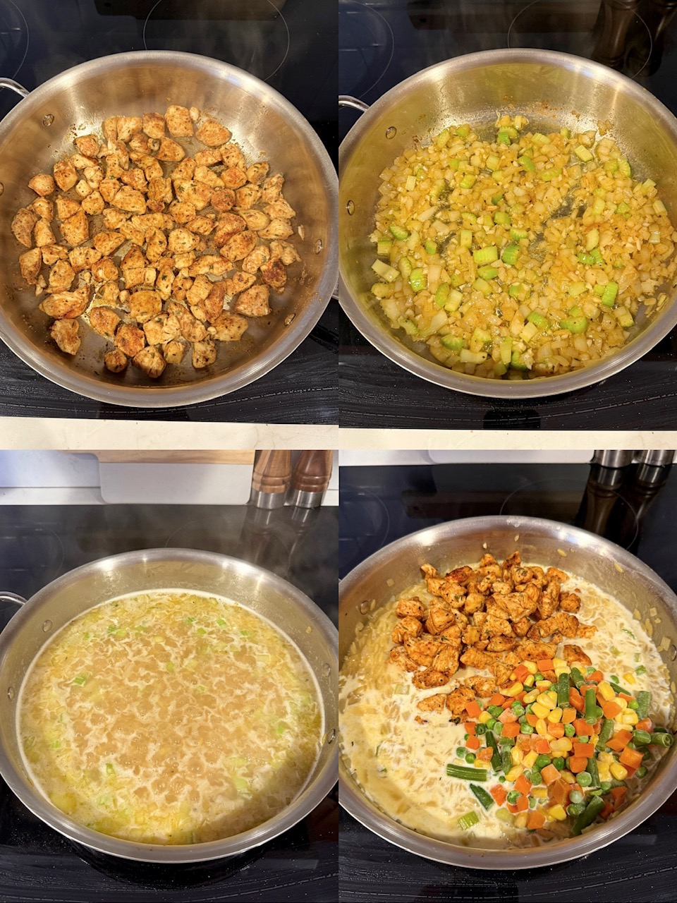 A collage of four photos showing the process of cooking the chicken, sautéing the onion, celery and garlic, adding the orzo and chicken broth and bringing to a simmer and then once the orzo is cooked, adding the chicken, half & half and veggies to the pan.