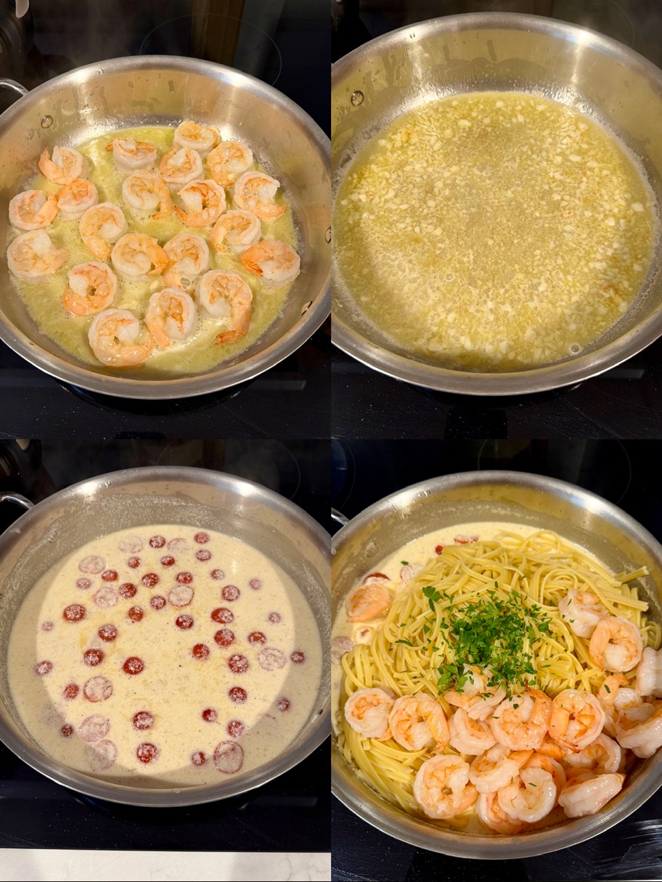 A collage of four photos depicting cooking shrimp, building the sauce and adding the cooked pasta and shrimp at the end.