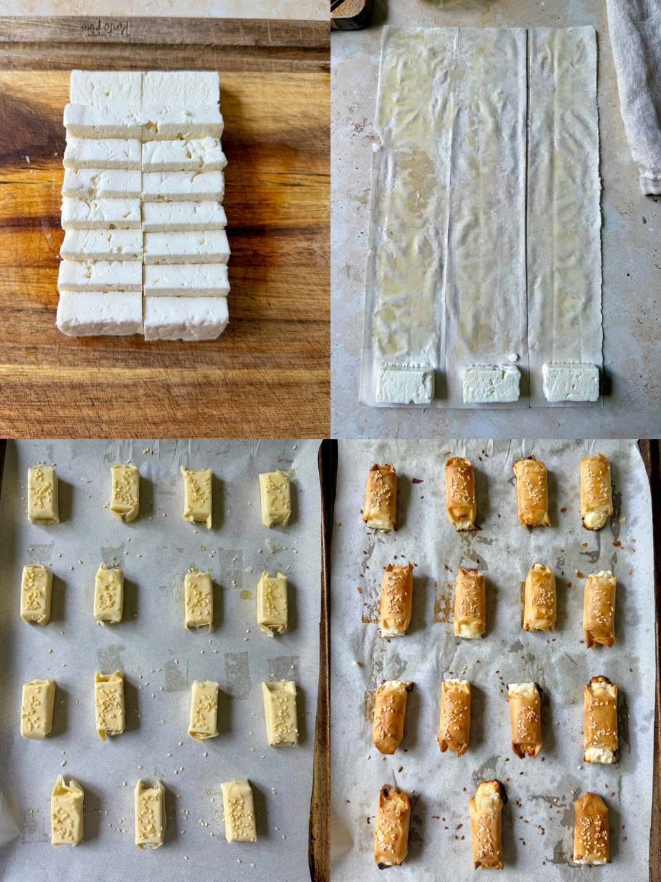 The steps for cutting the feta, rolling in the phyllo, placing on the baking sheet and topping with sesame seeds and after the rolls have baked.
