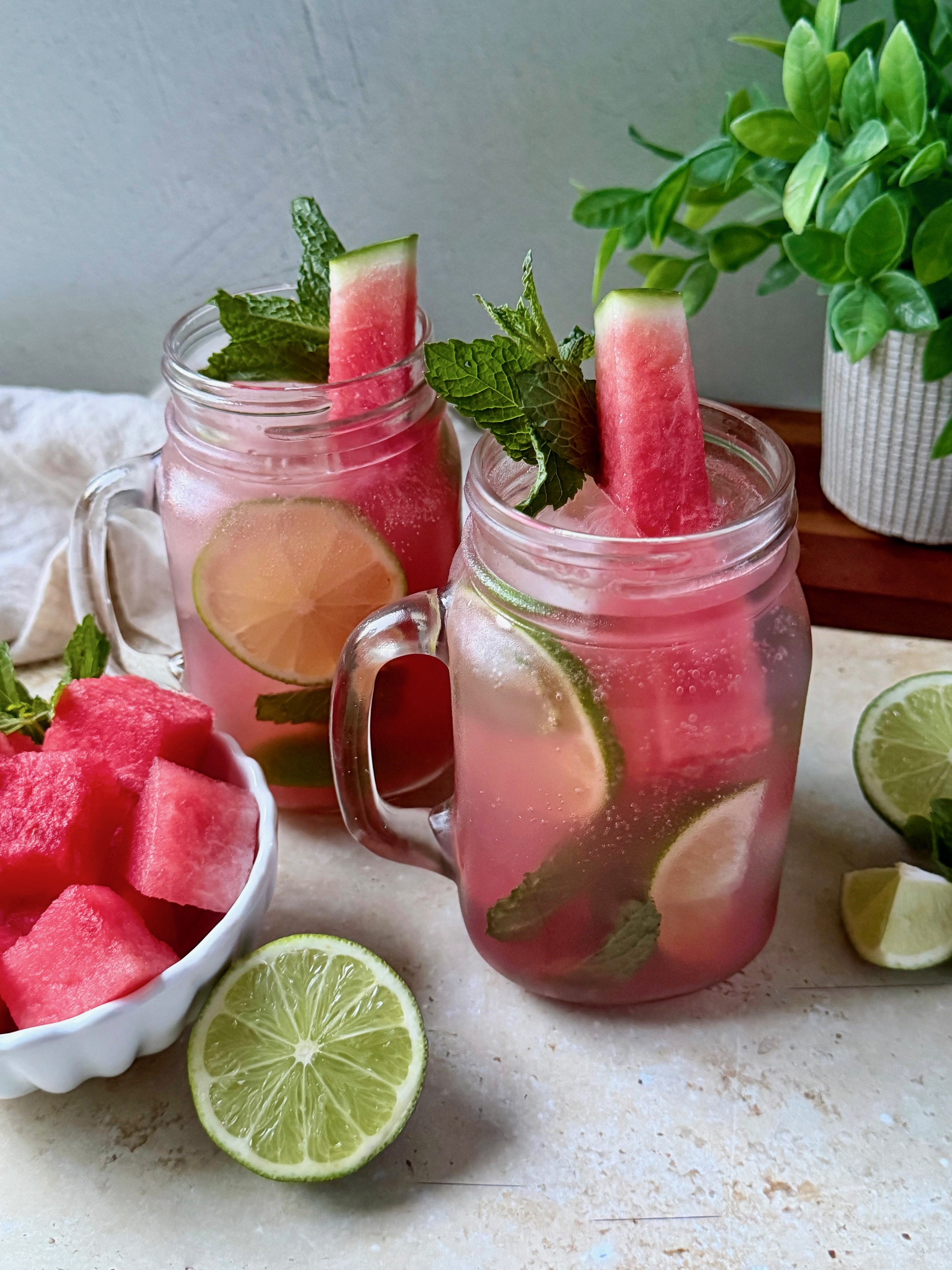 Two watermelon mojitos with garnishes.