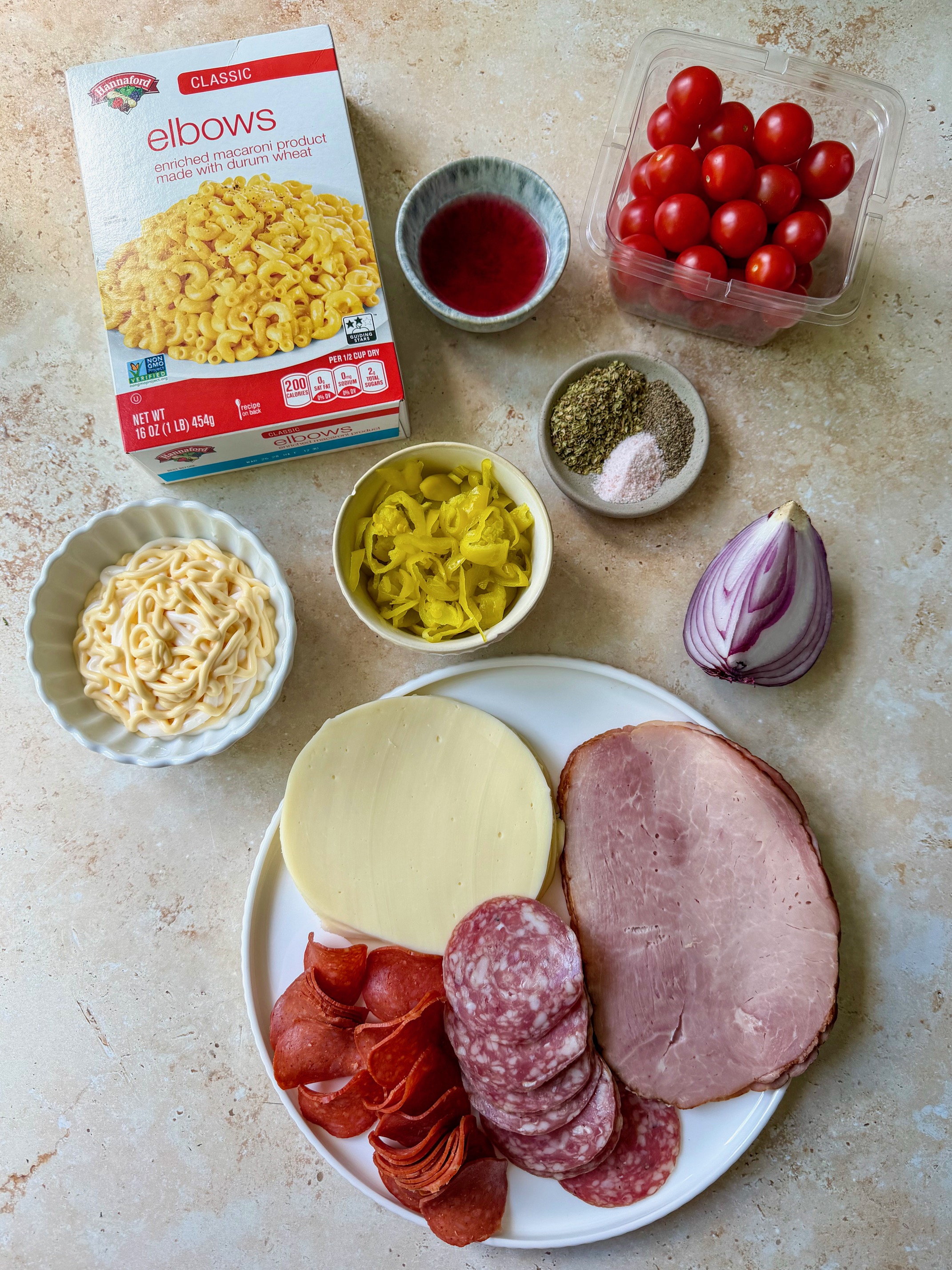 The ingredients needed to make this pasta salad.