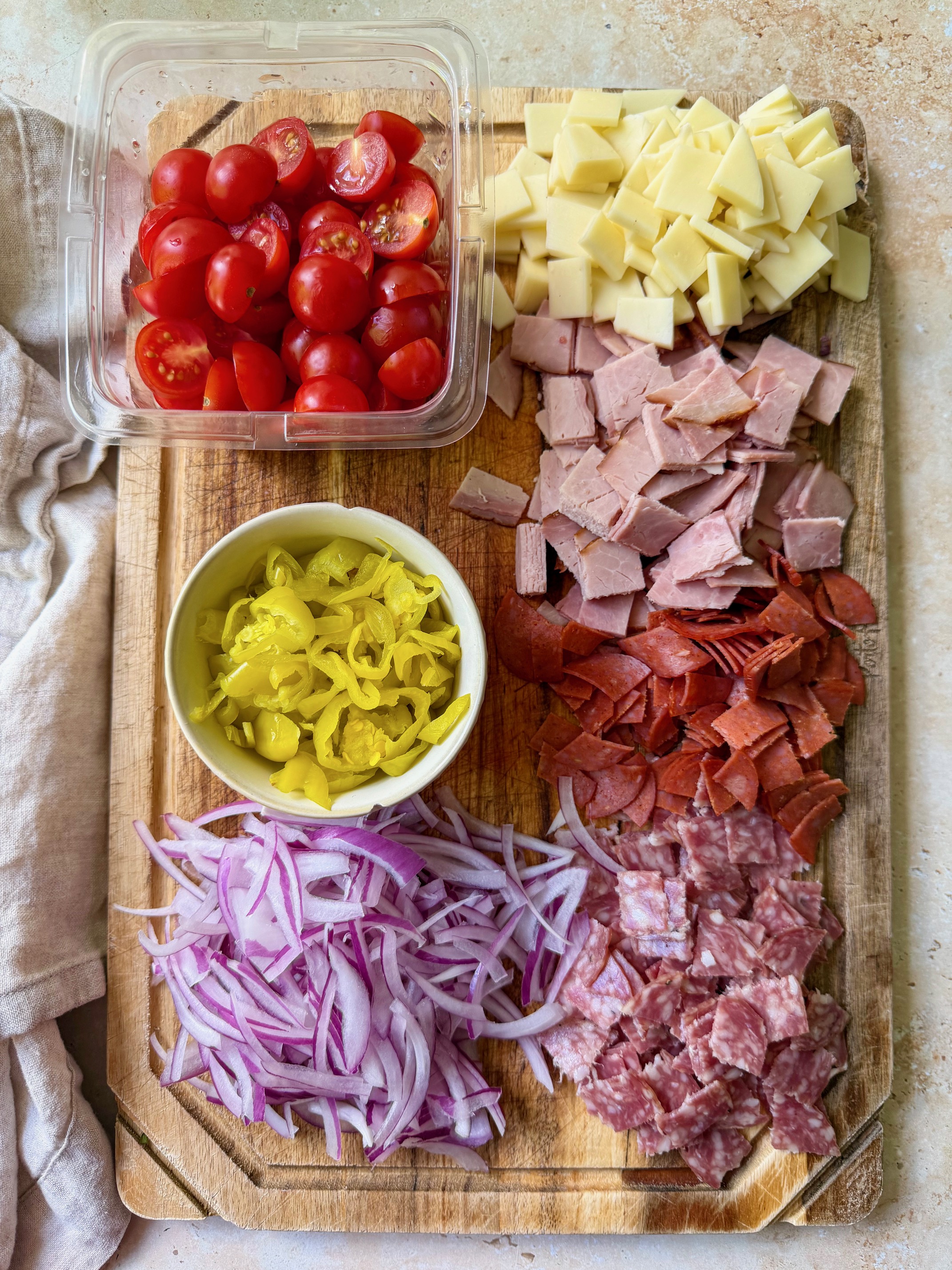 Chopped ingredients on a cutting board.