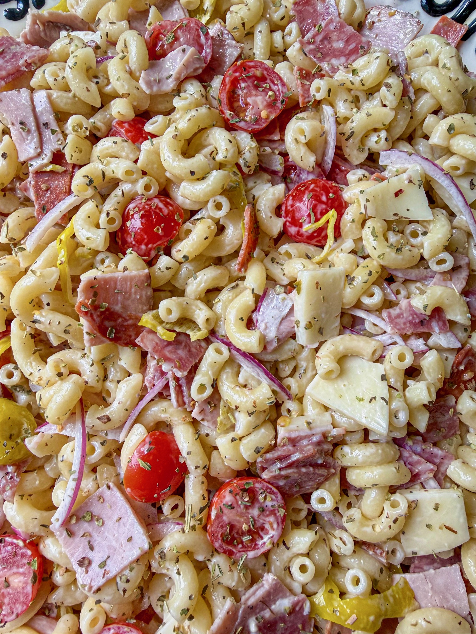 A close up shot of the Italian grinder pasta salad.