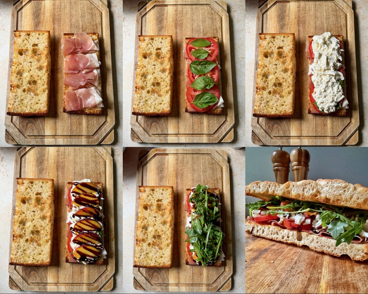 A collage of building the sandwich with the ingredients.