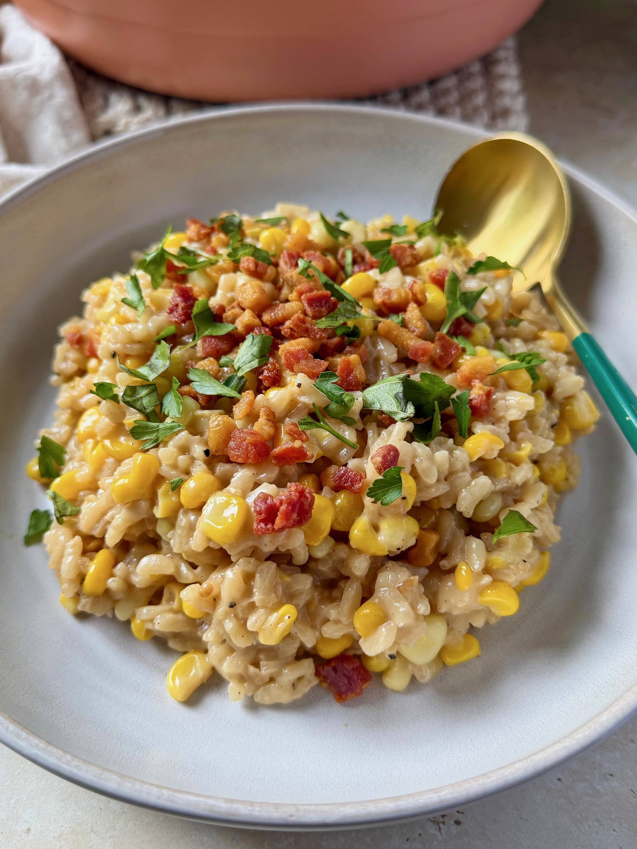 A close up of sweet corn and mascarpone risotto.