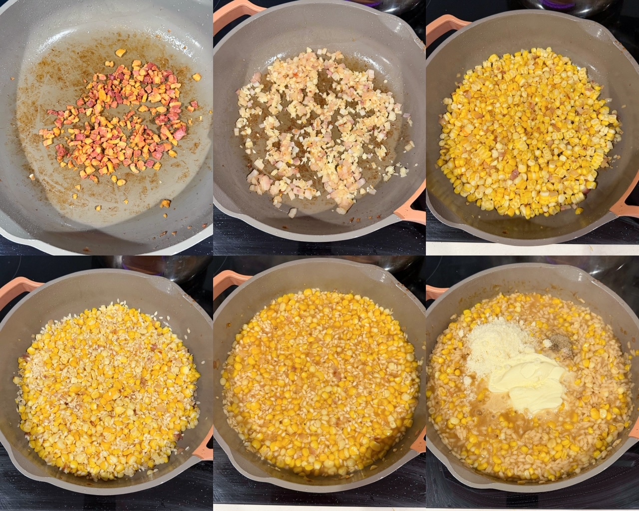 A collage of six photos showing the process of making the risotto.